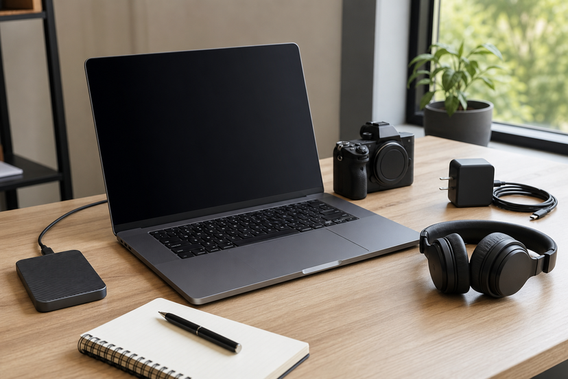 Creator desk with premium laptop external SSD camera headphones and power adapter