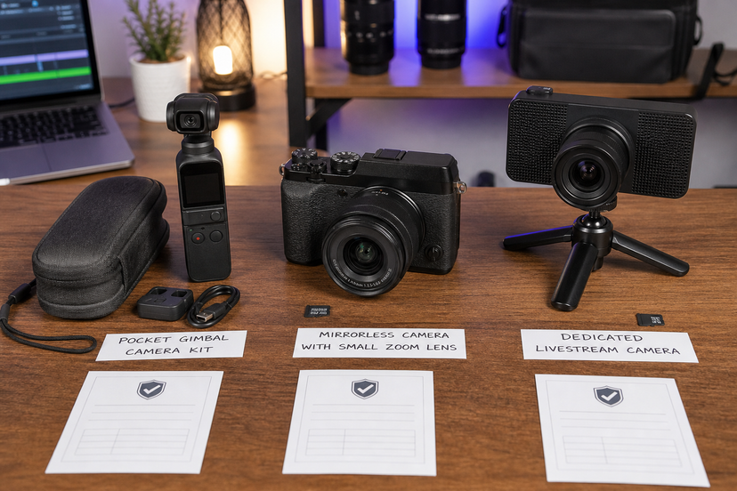Pocket gimbal camera kit compared with mirrorless and livestream camera alternatives on a creator desk
