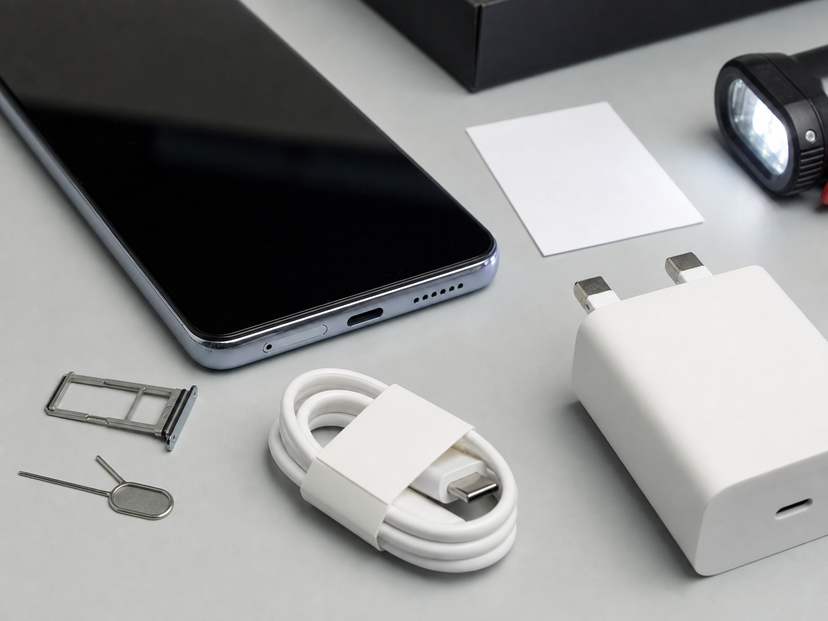 Close-up of a premium Android phone with USB-C cable, SIM tray and inspection light for used phone checks