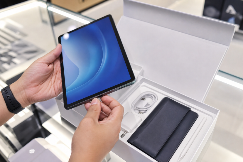 Hands inspecting a used open-box tablet screen, charging port and stylus on a retail counter