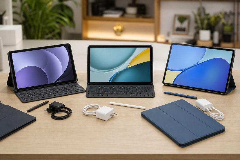 Three affordable tablets with keyboard cases and accessories displayed for buyer comparison