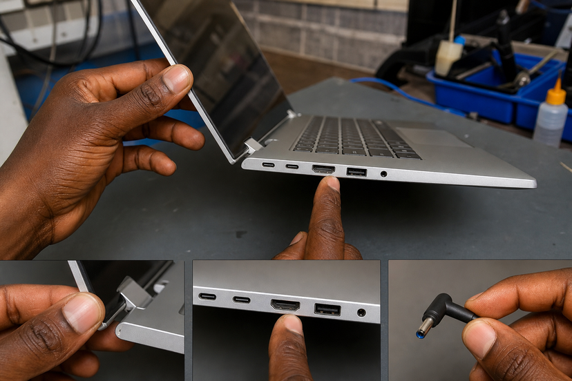 Used convertible laptop hinge and ports being inspected before purchase