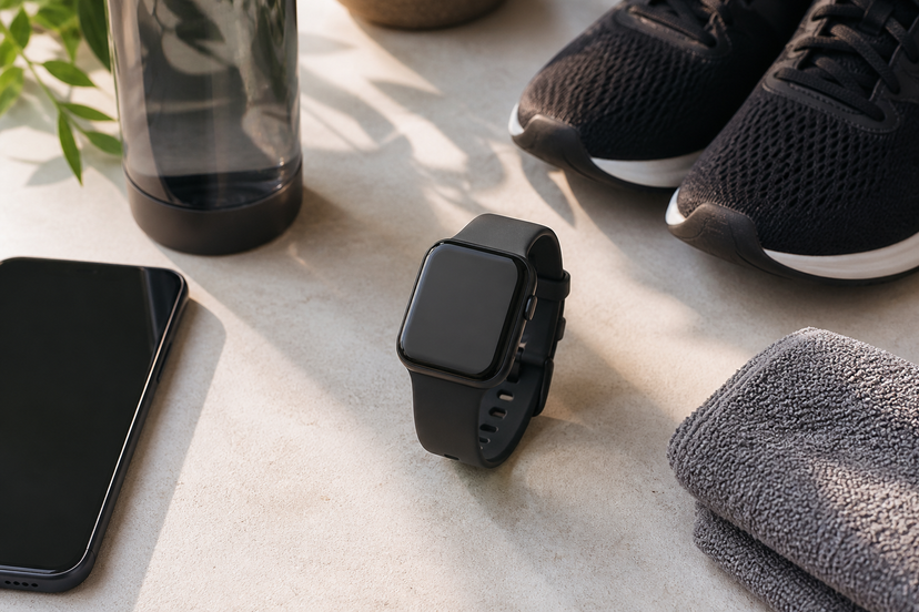 Smartwatch fitness setup with running shoes, phone, water bottle and towel