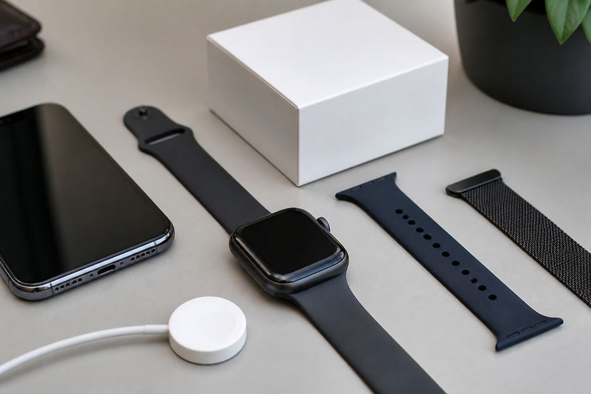 Smartwatch beside charging cable, extra bands, phone and plain package box