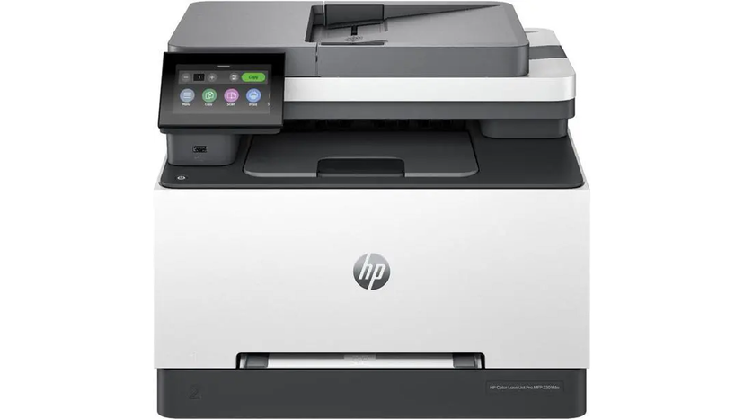 Small office printer setup showing Wi-Fi router, Ethernet cable, documents and a colour laser multifunction printer