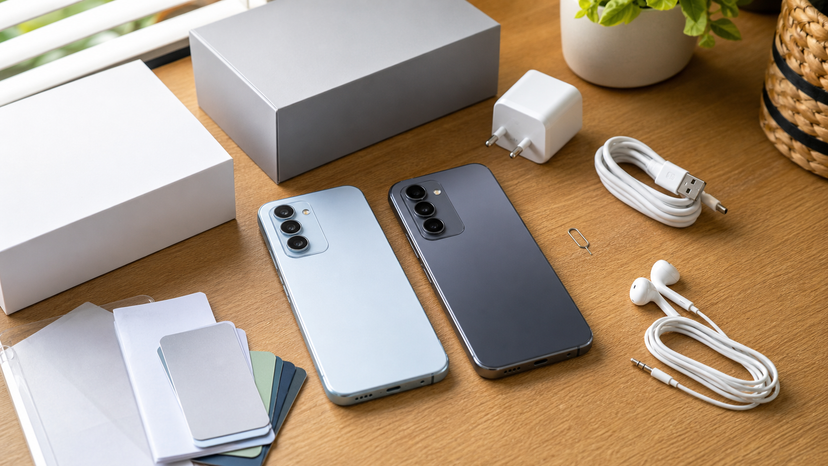 Tecno smartphone buyer setup with charger cable and accessories on a desk