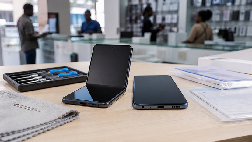 Foldable and flat smartphones side by side for repair and warranty comparison