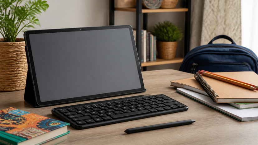 Large Android tablet beside a compact Bluetooth keyboard, stylus and school materials, no logos or text
