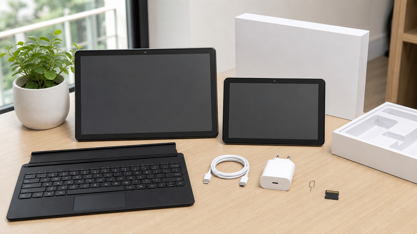 Tablet comparison setup showing an 11-inch screen, smaller compact tablet and charging accessories on a neutral desk, no logos or text