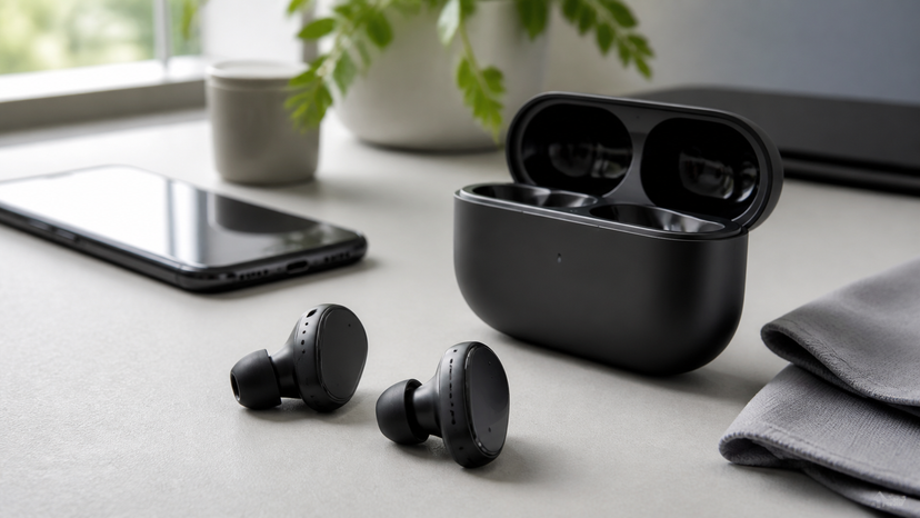 Close-up of premium wireless earbuds with silicone tips and charging case on a neutral desk, no logos or text