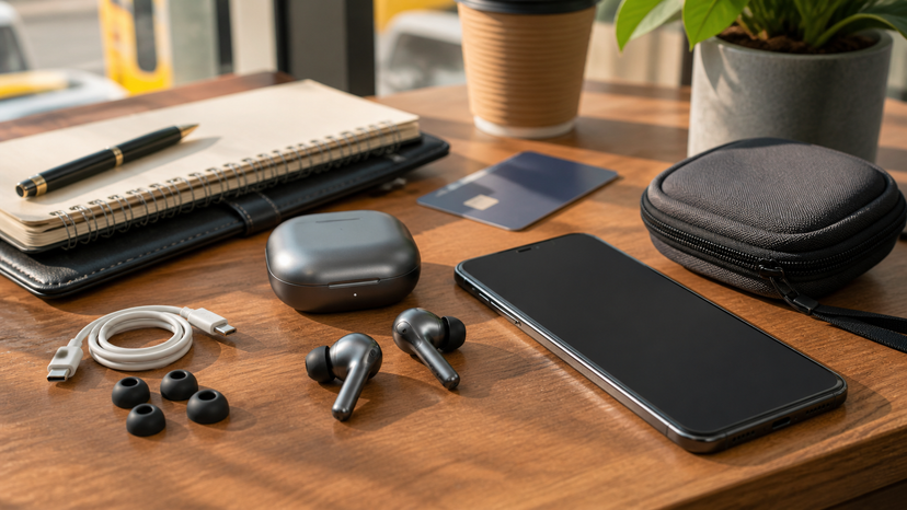 Wireless earbuds beside a phone and travel pouch on a Nigerian commuter desk setup, no readable text