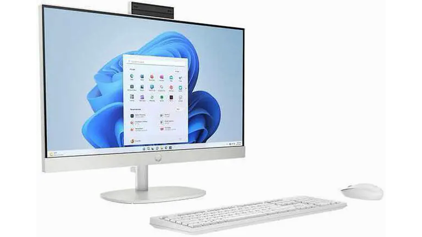 Large all-in-one desktop setup for front desk productivity
