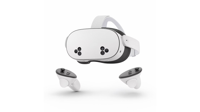 VR headset and controllers arranged beside a Wi-Fi router and USB-C cable