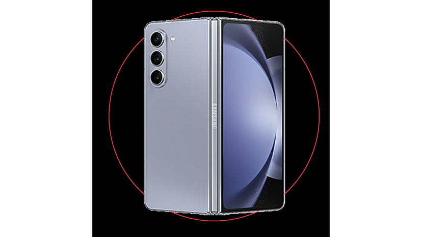 Foldable Samsung phone shown open for multitasking with documents and messaging context