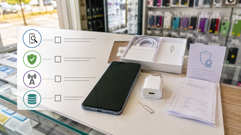 Checklist illustration for verifying Samsung phone model code, warranty, charger, network support and storage in Nigeria