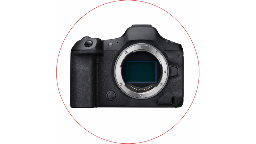 Canon mirrorless camera body with lens mount and memory card accessories