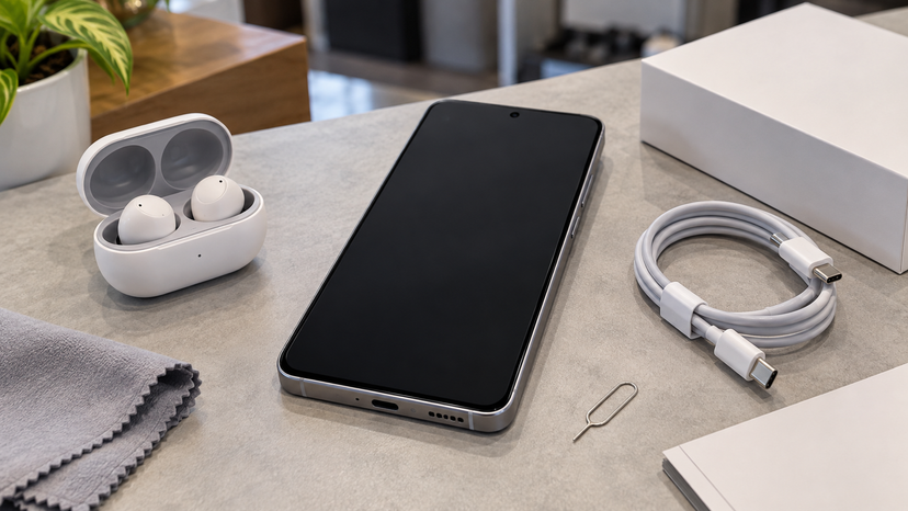 Close view of a modern Samsung-style smartphone beside wireless earbuds and a USB-C cable, no logos or text
