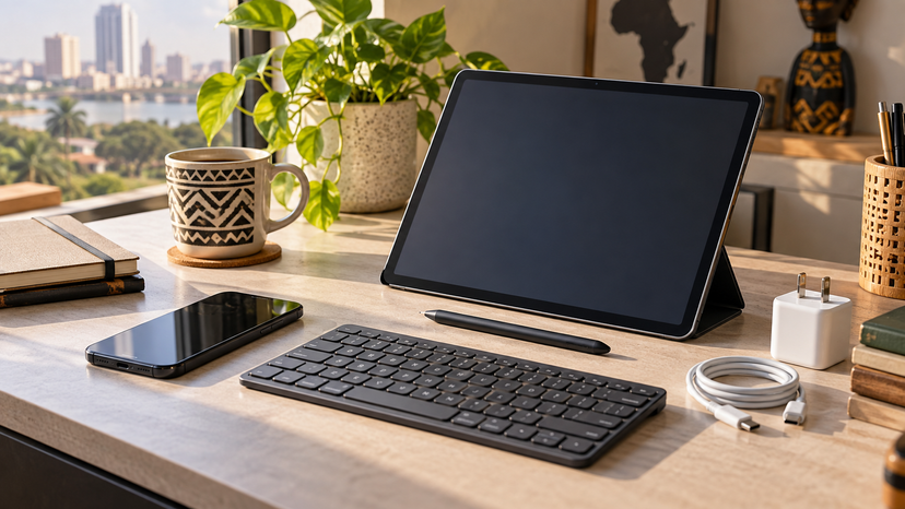 Phone and tablet setup for a Nigerian student or creator workspace with stylus, keyboard and charger, no logos or text