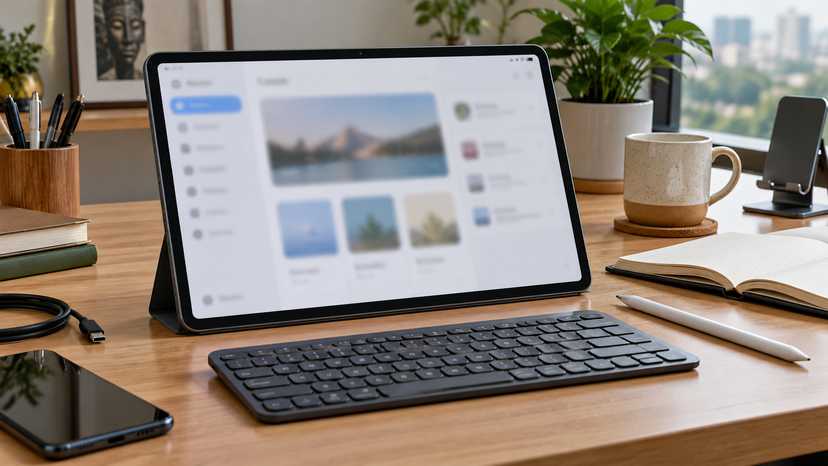Large Android tablet in landscape beside a compact keyboard, stylus and notebook on a study desk, no text or logos