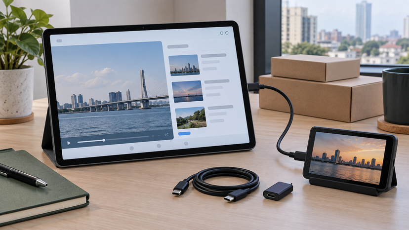 Tablet connected by USB-C to a compact device as a secondary display on a clean workspace, no text or logos