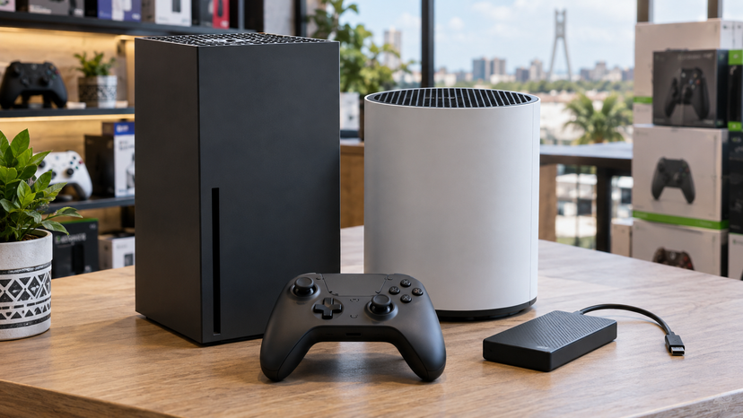 Two different next-generation console silhouettes beside a controller and an external storage drive