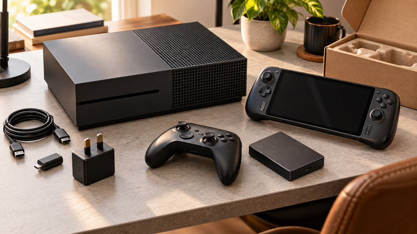 A gaming desk with a console, handheld device, controller and storage drive arranged neatly
