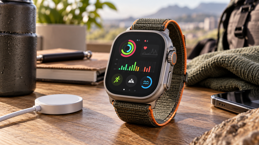 Illustrative generated close view of a rugged smartwatch beside a charging puck and outdoor gear