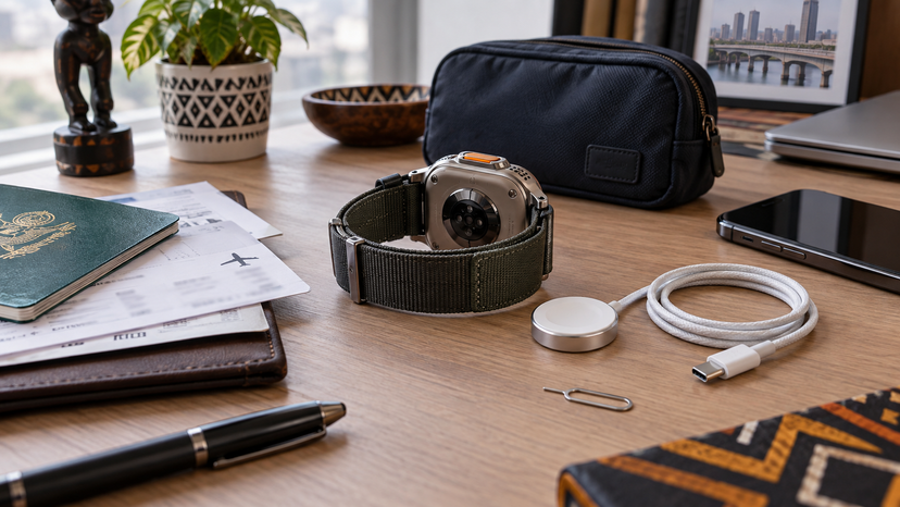 Illustrative generated travel desk with a rugged smartwatch, charging puck, phone and documents