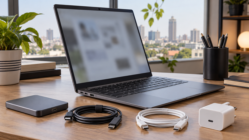 Thin 14 inch laptop beside USB-C cables and a portable drive on a tidy desk, no logos or text