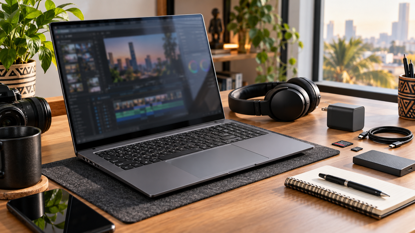 Large creator laptop workstation with headphones, memory cards and USB-C charger on a studio desk, no logos or text