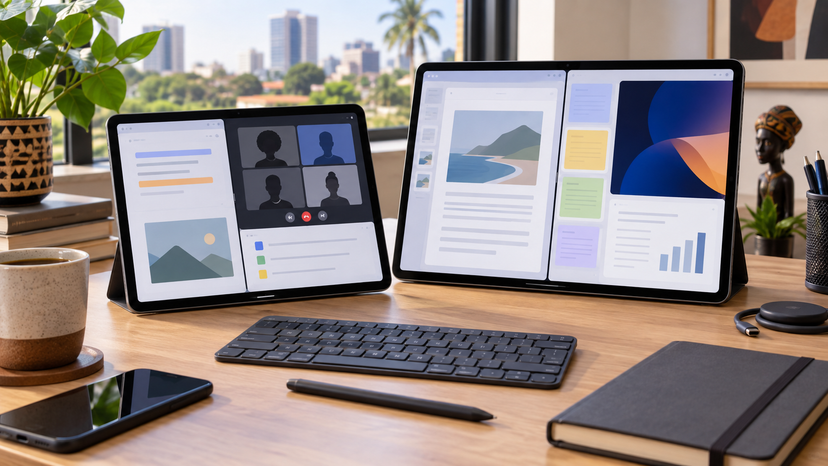 Large tablet used for split-screen notes, video call, and document work on a tidy workspace, no logos or text