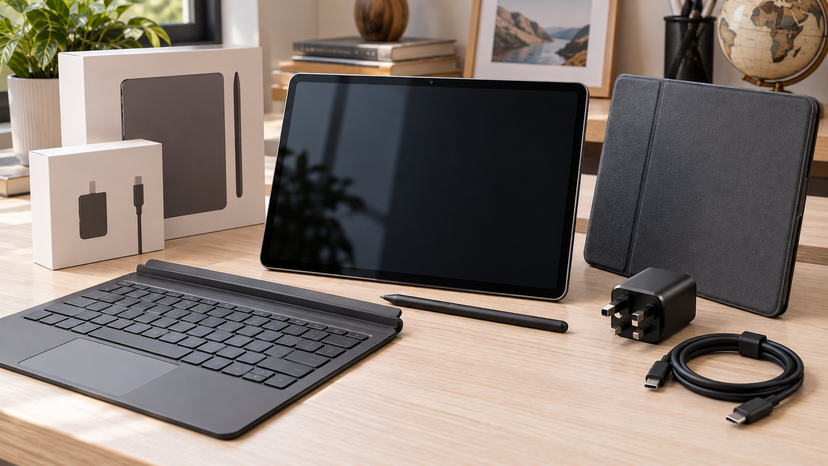 Tablet with stylus, detachable keyboard, protective case, and charger arranged as a buying setup, no logos or text