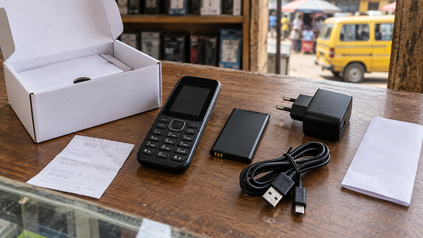 Feature phone battery and charging accessories arranged for a buyer checklist
