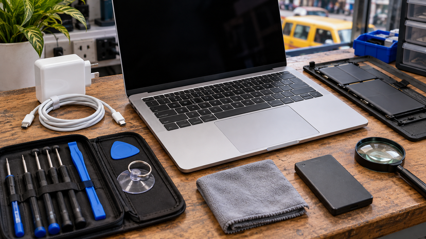Conceptual close-up illustration of a compact aluminum laptop keyboard, USB-C charger, and battery inspection items, no logos or readable text