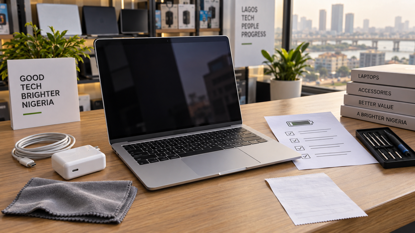 Editorial illustration comparing a compact laptop with accessories and inspection checklist objects, no logos or readable text