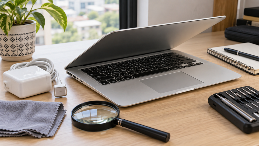 Conceptual close-up illustration of a used MacBook Air keyboard, trackpad and charger being inspected