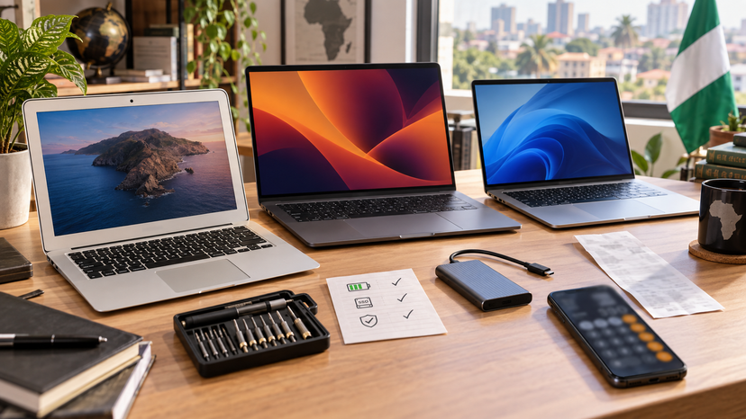 Editorial illustration comparing a compact MacBook Air with newer laptop alternatives on a clean desk