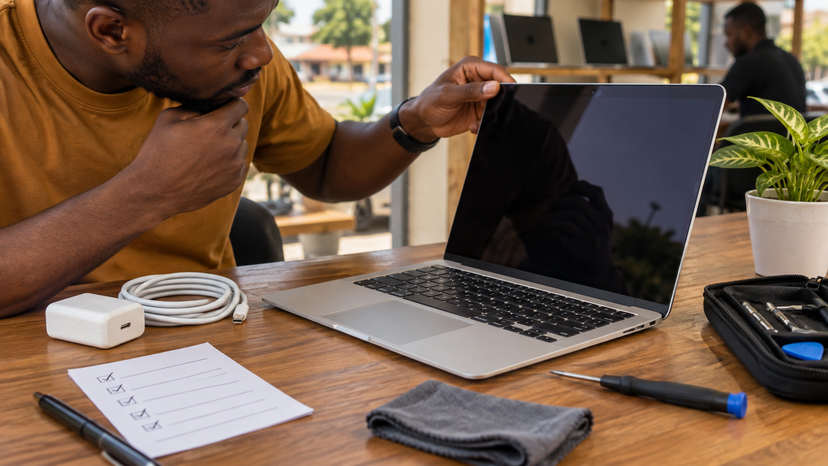 Close inspection scene showing a thin laptop, USB-C charger, and checklist items for battery and storage
