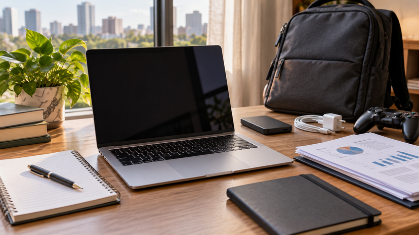 Conceptual comparison scene of a portable laptop beside study, office, and gaming workflow items