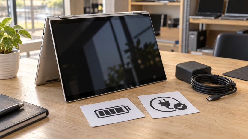 Conceptual illustration pairing a used convertible laptop with battery and charging inspection symbols