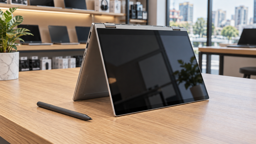 Reference-based illustration of a convertible laptop in tent position with a separate stylus
