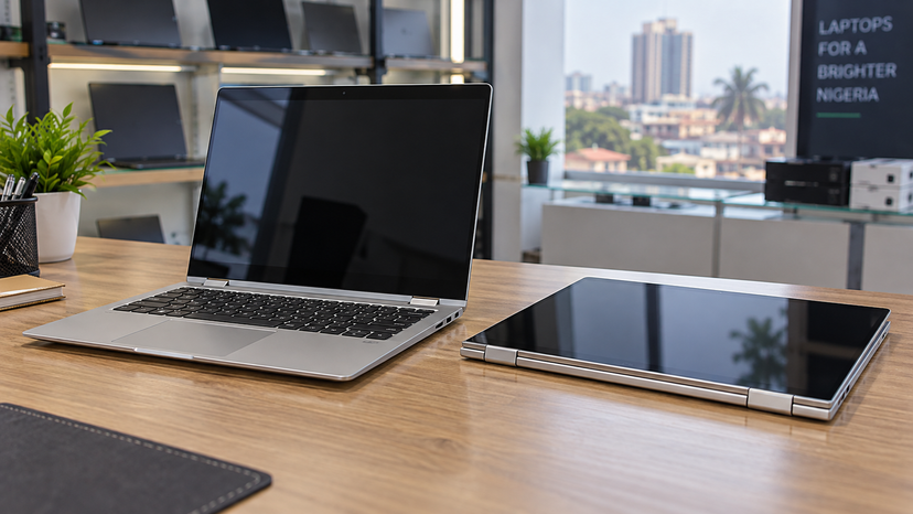 Illustration of a convertible laptop in laptop and folded positions for a screen and hinge inspection