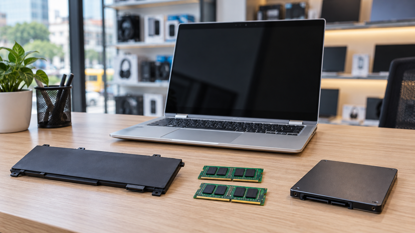 Conceptual illustration of a laptop battery, memory chips and SSD as separate purchase considerations