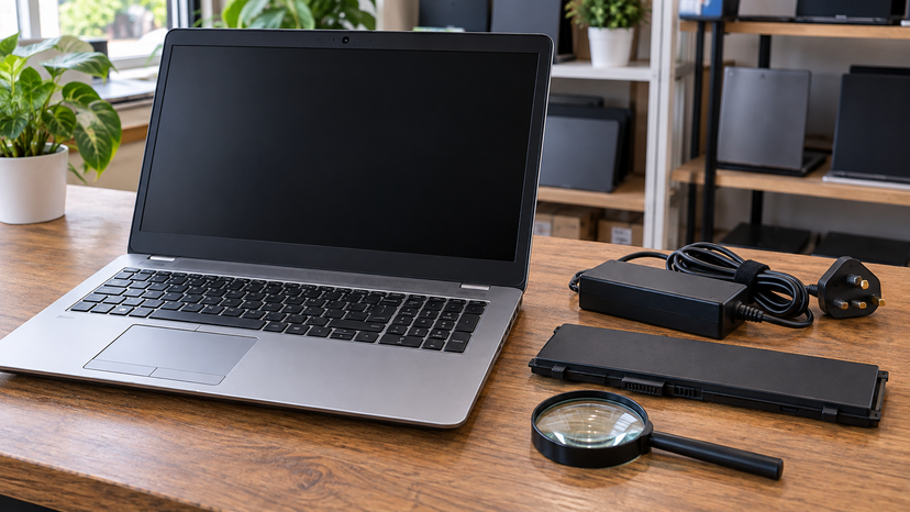 Conceptual illustration of a laptop beside a battery, power adapter and inspection magnifier