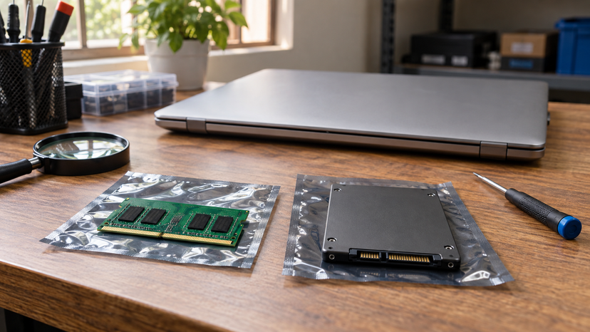 Conceptual illustration of separate laptop memory and storage components awaiting compatibility verification
