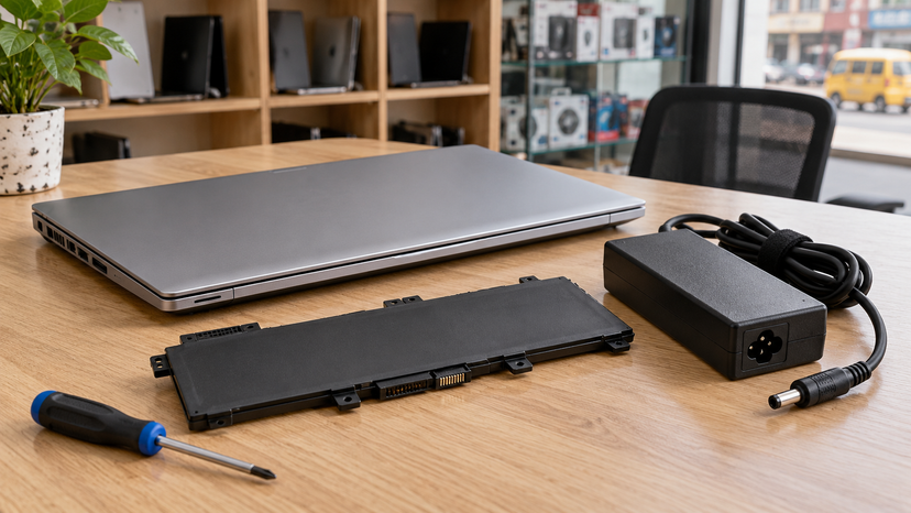Conceptual illustration of a laptop battery and matching power adapter as purchase inspection priorities
