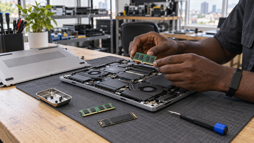 Conceptual illustration of memory and storage components considered during a laptop upgrade assessment