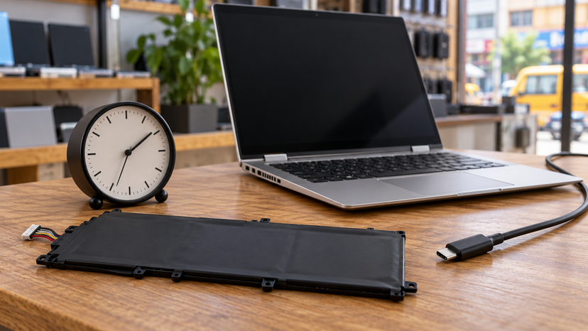 Conceptual illustration of a laptop battery beside a clock and disconnected power cable