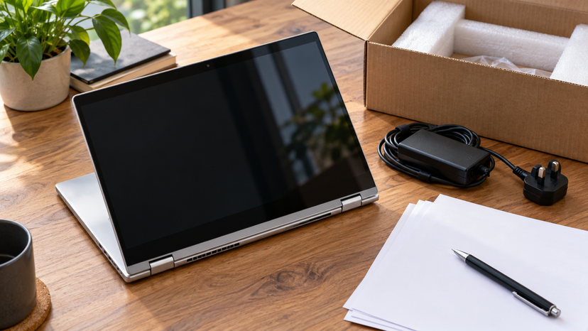 Conceptual illustration of a convertible laptop beside a charger, protective packaging and blank paperwork