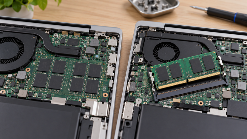 Conceptual illustration contrasting fixed onboard laptop memory with a removable memory module
